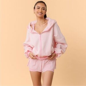 Blogilates Women's Marshmallow Full Zip Hooded Sweatshirt - Pink Gingham S